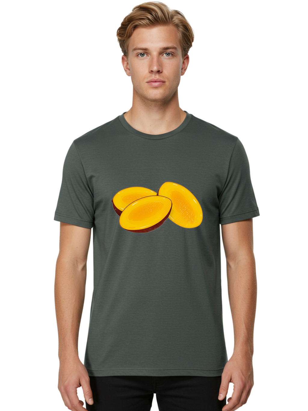 Three-Mango-Slices Men'S Graphic Tee, 100% Cotton, Comfortable Casual Summer Wear, Machine Washable, Mango Slices, Tropical Fruit, Yellow Fruit, Fruit Illustration, Sliced Mango, Healthy Snack, Vibrant Yellow, Fresh Fruit Bac517