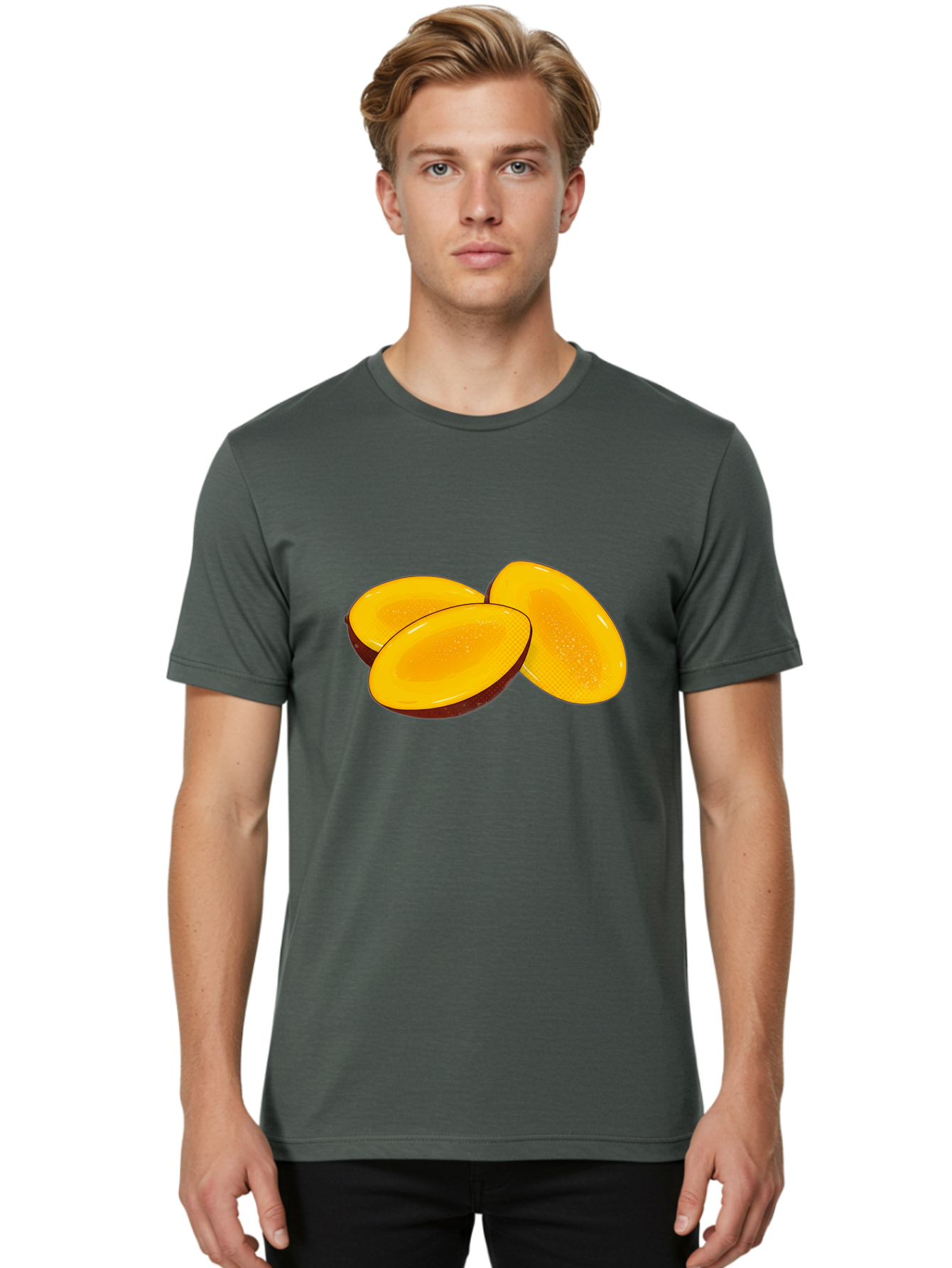 Three-Mango-Slices Men'S Graphic Tee, 100% Cotton, Comfortable Casual Summer Wear, Machine Washable, Mango Slices, Tropical Fruit, Yellow Fruit, Fruit Illustration, Sliced Mango, Healthy Snack, Vibrant Yellow, Fresh Fruit Bac517