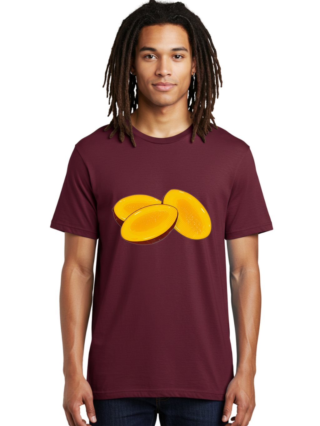 Three-Mango-Slices Men'S Graphic Tee, 100% Cotton, Comfortable Casual Summer Wear, Machine Washable, Mango Slices, Tropical Fruit, Yellow Fruit, Fruit Illustration, Sliced Mango, Healthy Snack, Vibrant Yellow, Fresh Fruit Bac517