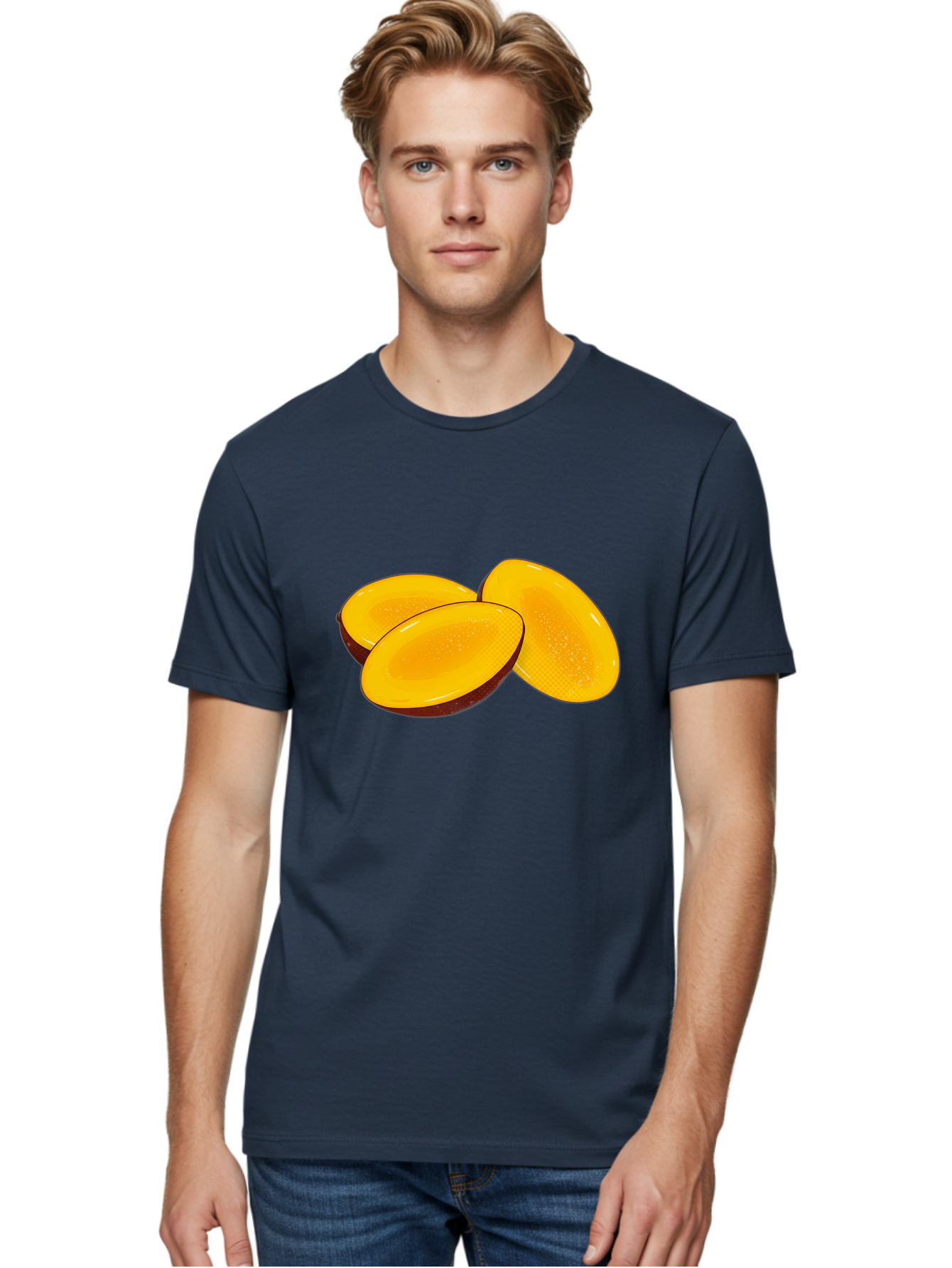 Three-Mango-Slices Men'S Graphic Tee, 100% Cotton, Comfortable Casual Summer Wear, Machine Washable, Mango Slices, Tropical Fruit, Yellow Fruit, Fruit Illustration, Sliced Mango, Healthy Snack, Vibrant Yellow, Fresh Fruit Bac517