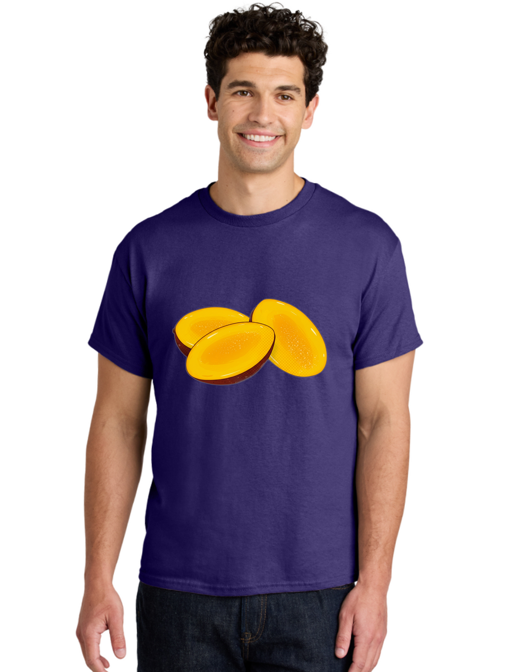 Three-Mango-Slices Men'S Graphic Tee, 100% Cotton, Comfortable Casual Summer Wear, Machine Washable, Mango Slices, Tropical Fruit, Yellow Fruit, Fruit Illustration, Sliced Mango, Healthy Snack, Vibrant Yellow, Fresh Fruit Bac517