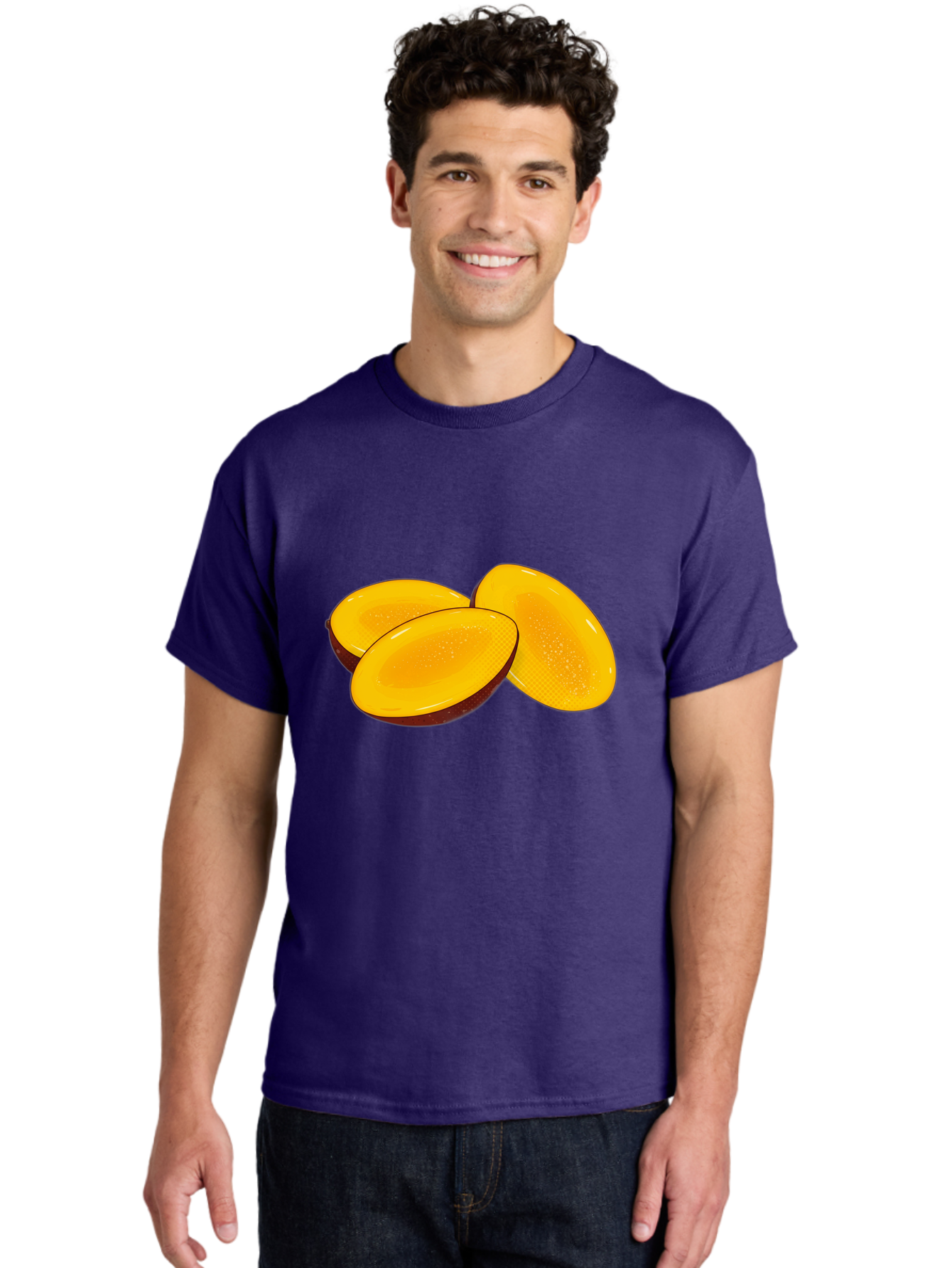 Three-Mango-Slices Men'S Graphic Tee, 100% Cotton, Comfortable Casual Summer Wear, Machine Washable, Mango Slices, Tropical Fruit, Yellow Fruit, Fruit Illustration, Sliced Mango, Healthy Snack, Vibrant Yellow, Fresh Fruit Bac517
