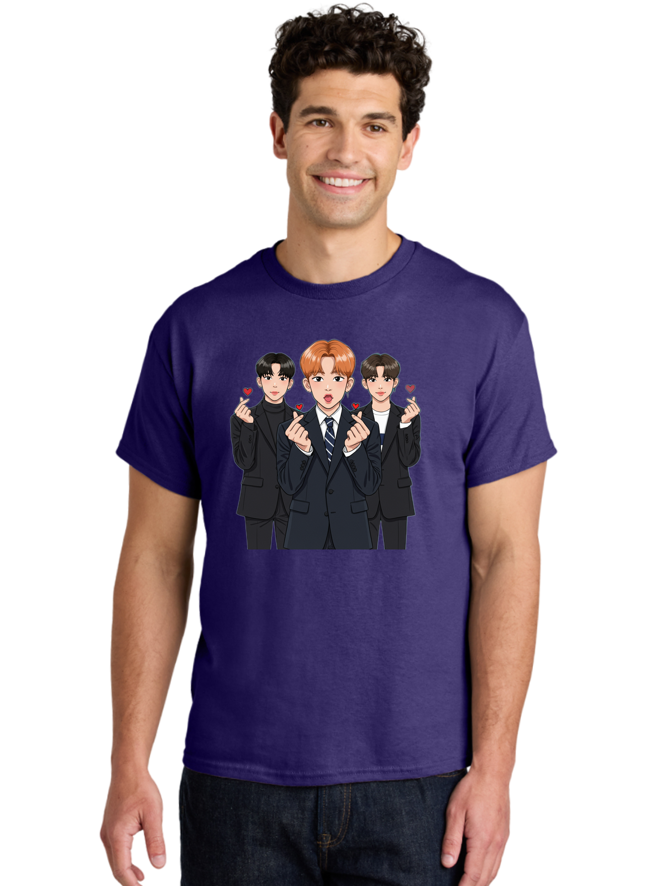 Three-Men-In-Suits-With-Hearts Men'S Graphic Tee, 100% Cotton, Comfortable Casual Summer Wear, Machine Washable, Young Men In Suits, Kpop Idols, Cartoon Style, Heart Gestures, Fashionable Clothing, Modern Boys, Stylish Outfits, Group Portrait, Bac518