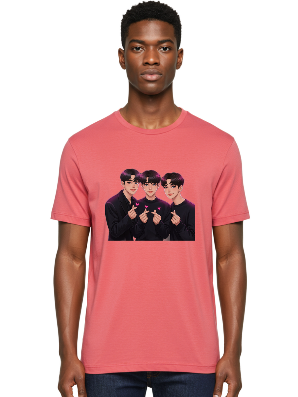 Three-Men-Pointing Men'S Graphic Tee, 100% Cotton, Comfortable Casual Summer Wear, Machine Washable, Young Men With Black Hair, Black Shirts, Pink Hearts, Finger Pointing, K-Pop Style, Group Portrait, Modern Fashion, Trendy Gesture, Bac519