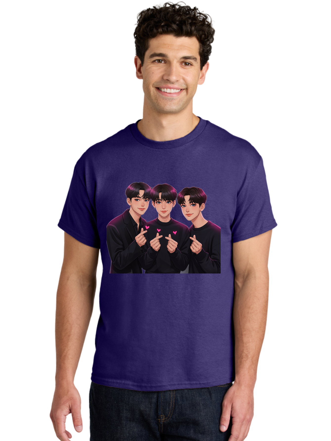 Three-Men-Pointing Men'S Graphic Tee, 100% Cotton, Comfortable Casual Summer Wear, Machine Washable, Young Men With Black Hair, Black Shirts, Pink Hearts, Finger Pointing, K-Pop Style, Group Portrait, Modern Fashion, Trendy Gesture, Bac519