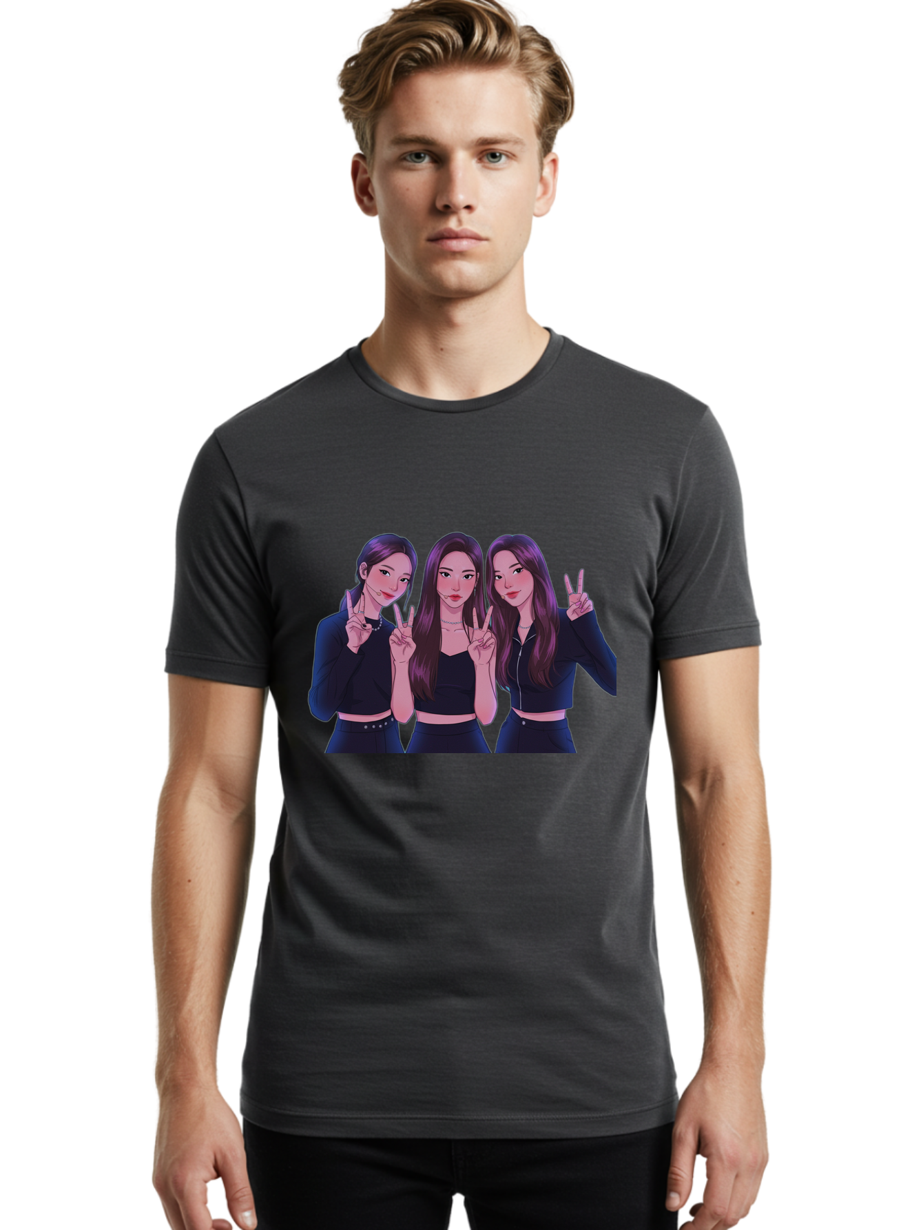 Three-Women-Posing Men'S Graphic Tee, 100% Cotton, Comfortable Casual Summer Wear, Machine Washable, Cartoon Women, Peace Signs, Long Hair, Black Outfits, Girl Power, Friendship, Playful Gestures, K-Pop Style, Pop Art Bac520
