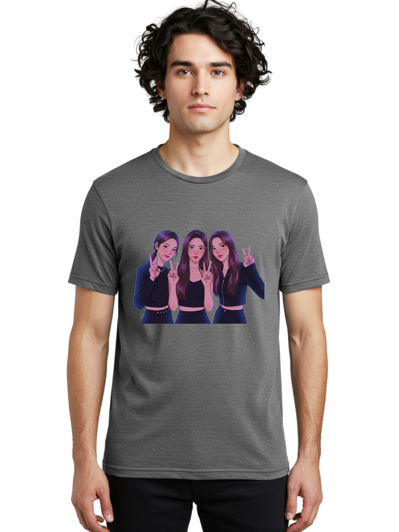 Three-Women-Posing Men'S Graphic Tee, 100% Cotton, Comfortable Casual Summer Wear, Machine Washable, Cartoon Women, Peace Signs, Long Hair, Black Outfits, Girl Power, Friendship, Playful Gestures, K-Pop Style, Pop Art Bac520