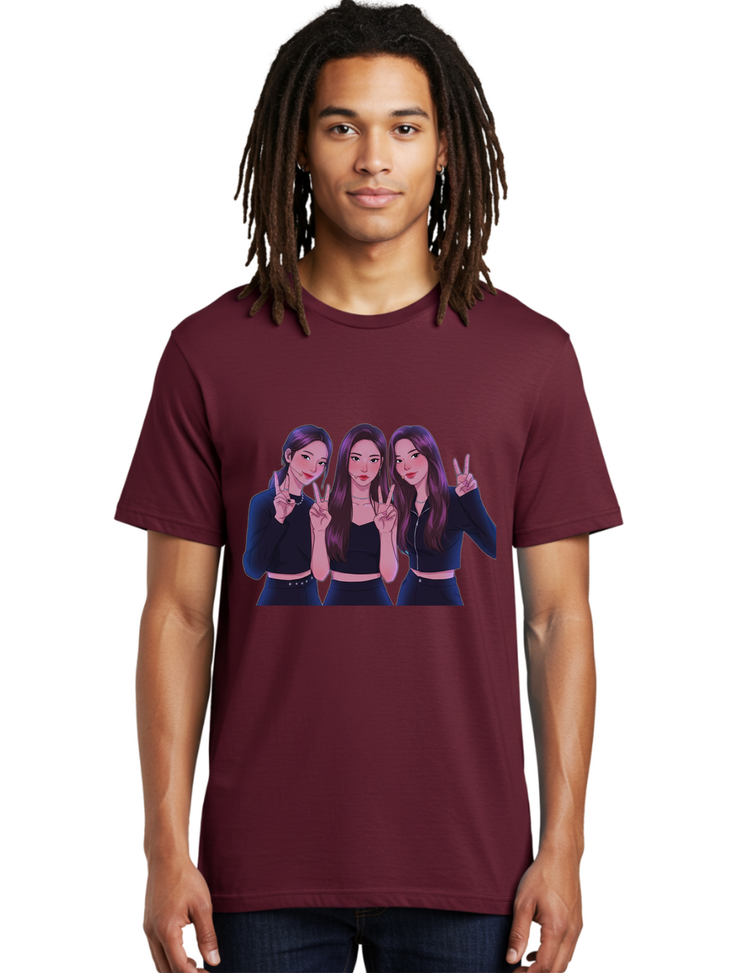 Three-Women-Posing Men'S Graphic Tee, 100% Cotton, Comfortable Casual Summer Wear, Machine Washable, Cartoon Women, Peace Signs, Long Hair, Black Outfits, Girl Power, Friendship, Playful Gestures, K-Pop Style, Pop Art Bac520