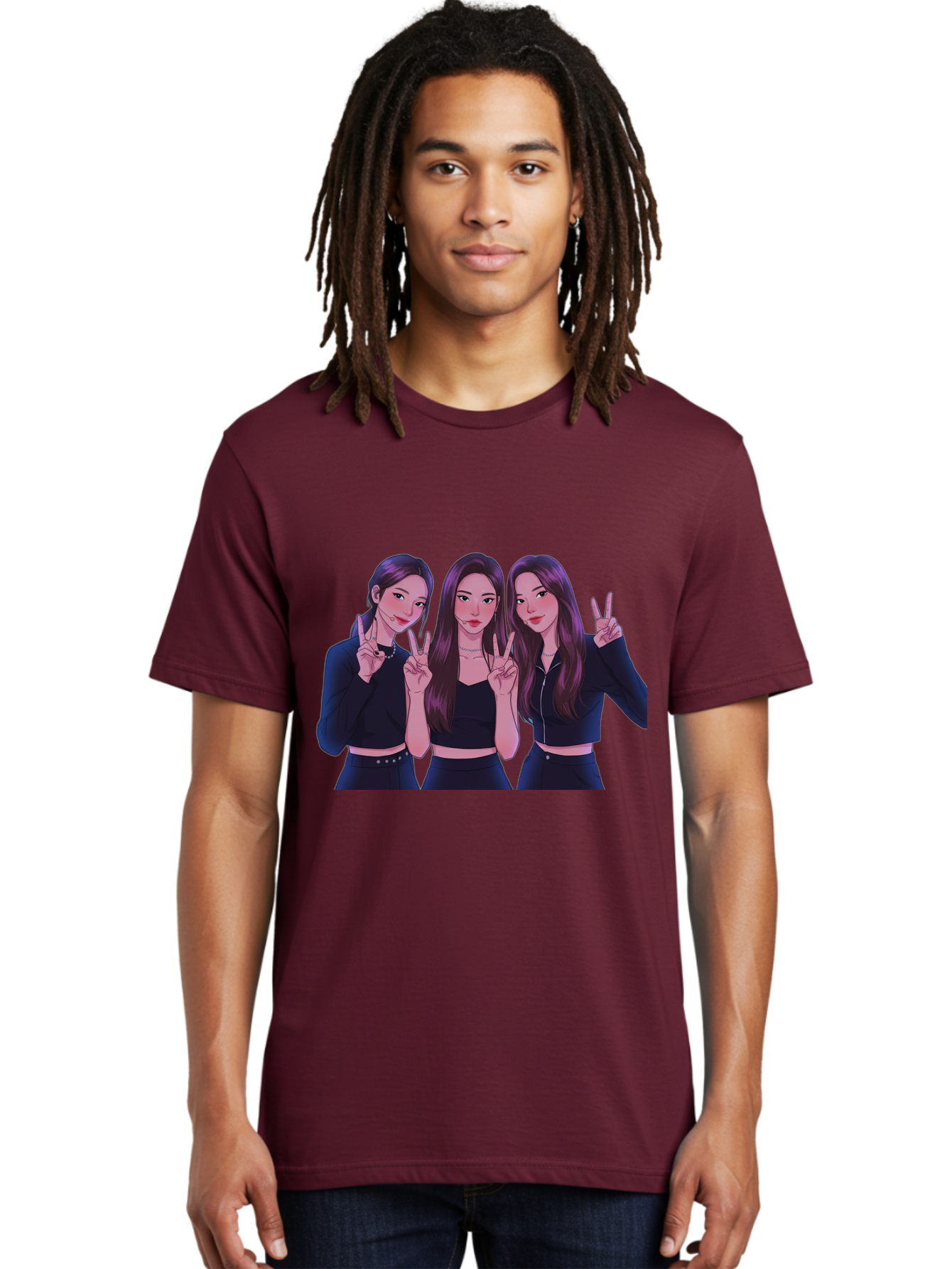 Three-Women-Posing Men'S Graphic Tee, 100% Cotton, Comfortable Casual Summer Wear, Machine Washable, Cartoon Women, Peace Signs, Long Hair, Black Outfits, Girl Power, Friendship, Playful Gestures, K-Pop Style, Pop Art Bac520