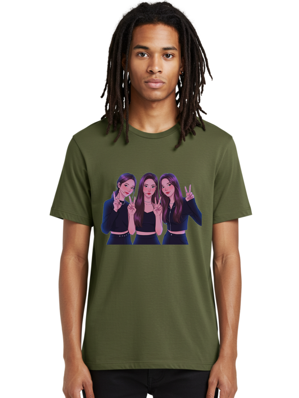 Three-Women-Posing Men'S Graphic Tee, 100% Cotton, Comfortable Casual Summer Wear, Machine Washable, Cartoon Women, Peace Signs, Long Hair, Black Outfits, Girl Power, Friendship, Playful Gestures, K-Pop Style, Pop Art Bac520