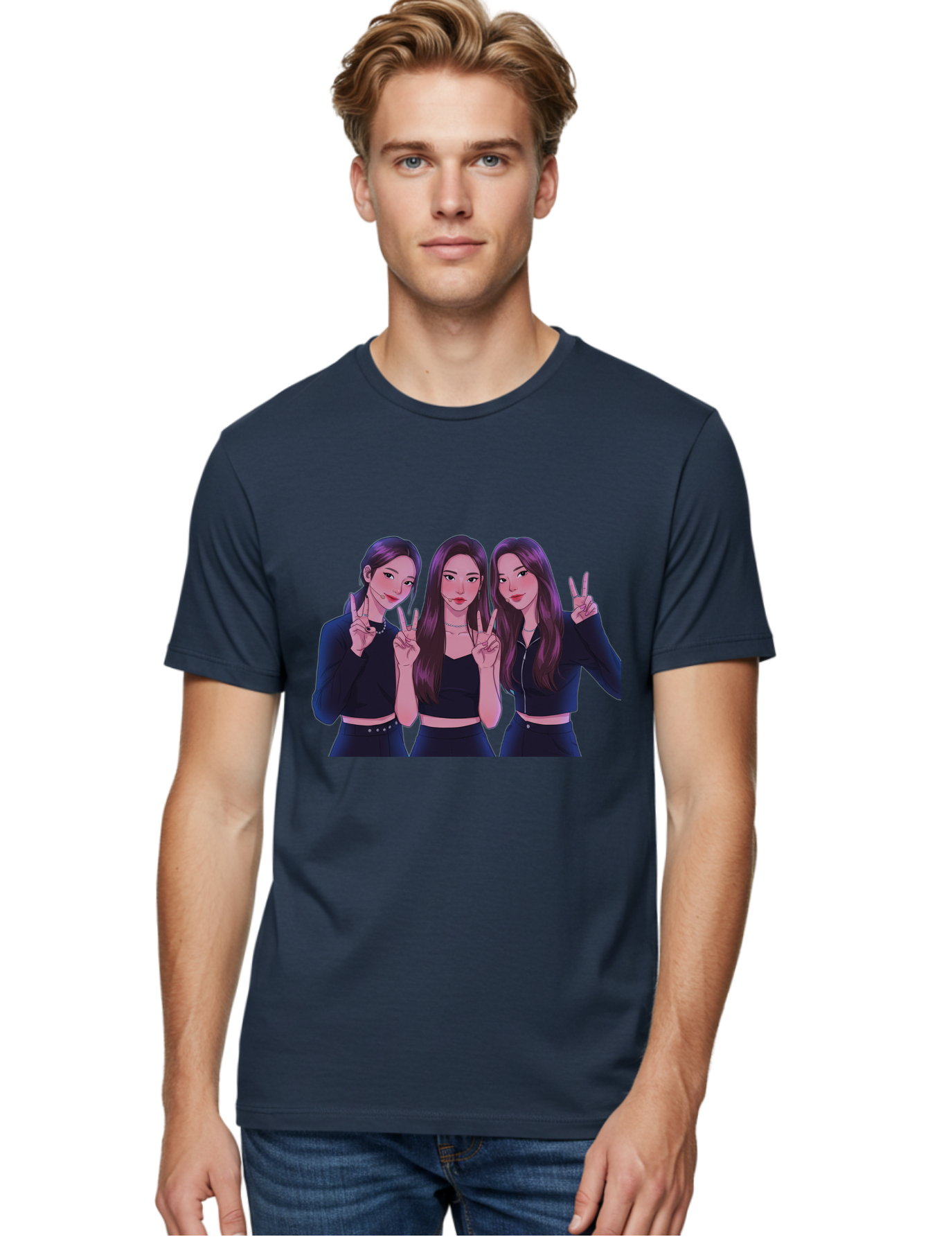 Three-Women-Posing Men'S Graphic Tee, 100% Cotton, Comfortable Casual Summer Wear, Machine Washable, Cartoon Women, Peace Signs, Long Hair, Black Outfits, Girl Power, Friendship, Playful Gestures, K-Pop Style, Pop Art Bac520