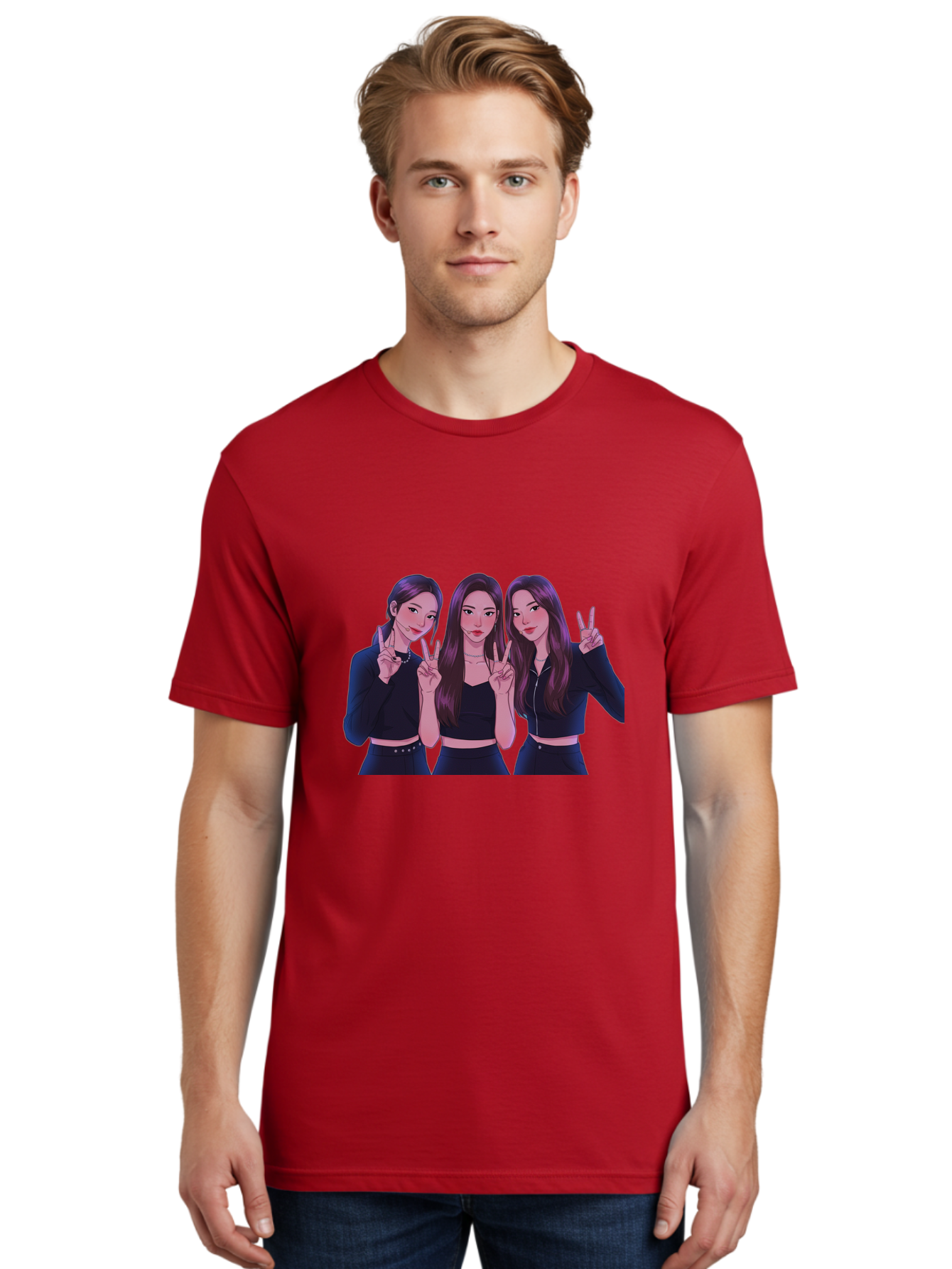 Three-Women-Posing Men'S Graphic Tee, 100% Cotton, Comfortable Casual Summer Wear, Machine Washable, Cartoon Women, Peace Signs, Long Hair, Black Outfits, Girl Power, Friendship, Playful Gestures, K-Pop Style, Pop Art Bac520