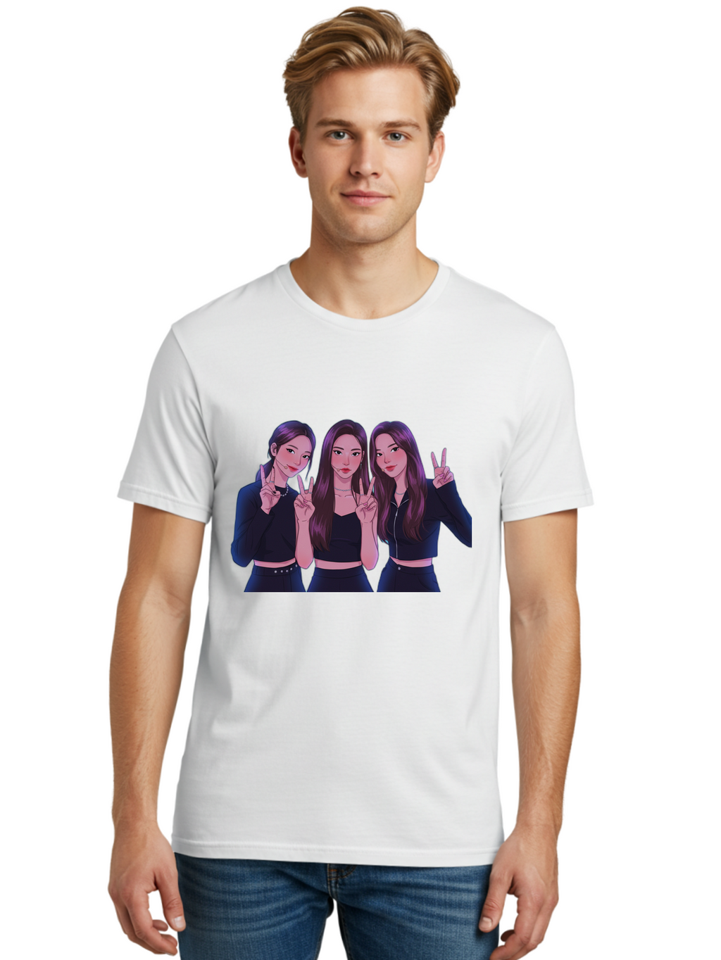 Three-Women-Posing Men'S Graphic Tee, 100% Cotton, Comfortable Casual Summer Wear, Machine Washable, Cartoon Women, Peace Signs, Long Hair, Black Outfits, Girl Power, Friendship, Playful Gestures, K-Pop Style, Pop Art Bac520