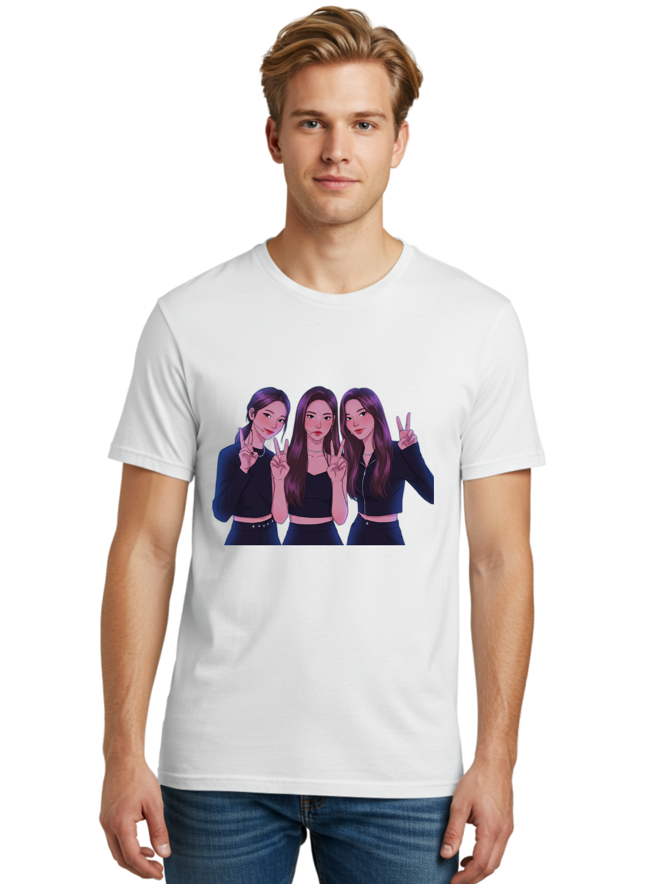 Three-Women-Posing Men'S Graphic Tee, 100% Cotton, Comfortable Casual Summer Wear, Machine Washable, Cartoon Women, Peace Signs, Long Hair, Black Outfits, Girl Power, Friendship, Playful Gestures, K-Pop Style, Pop Art Bac520