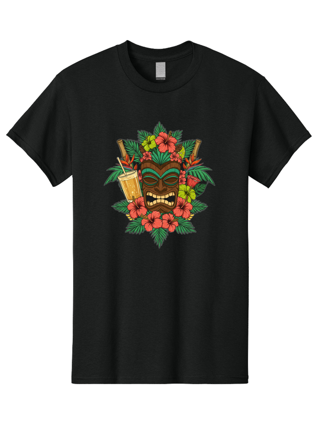 Tiki-Mask Men'S Graphic Tee, 100% Cotton, Comfortable Casual Summer Wear, Machine Washable, Tiki Mask Design, Tropical Flowers, Hibiscus, Cocktail, Straw, Bamboo, Vibrant Colors, Summer Vibes, Hawaiian Style, Tropical Getaway, Island Life, Bac521