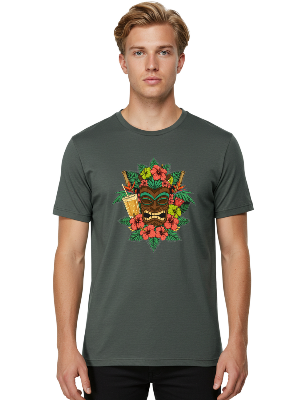 Tiki-Mask Men'S Graphic Tee, 100% Cotton, Comfortable Casual Summer Wear, Machine Washable, Tiki Mask Design, Tropical Flowers, Hibiscus, Cocktail, Straw, Bamboo, Vibrant Colors, Summer Vibes, Hawaiian Style, Tropical Getaway, Island Life, Bac521