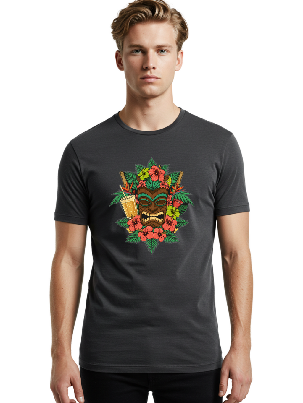 Tiki-Mask Men'S Graphic Tee, 100% Cotton, Comfortable Casual Summer Wear, Machine Washable, Tiki Mask Design, Tropical Flowers, Hibiscus, Cocktail, Straw, Bamboo, Vibrant Colors, Summer Vibes, Hawaiian Style, Tropical Getaway, Island Life, Bac521