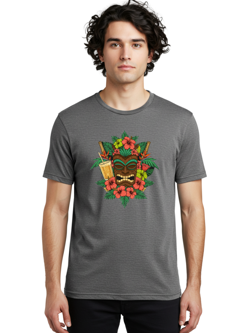 Tiki-Mask Men'S Graphic Tee, 100% Cotton, Comfortable Casual Summer Wear, Machine Washable, Tiki Mask Design, Tropical Flowers, Hibiscus, Cocktail, Straw, Bamboo, Vibrant Colors, Summer Vibes, Hawaiian Style, Tropical Getaway, Island Life, Bac521