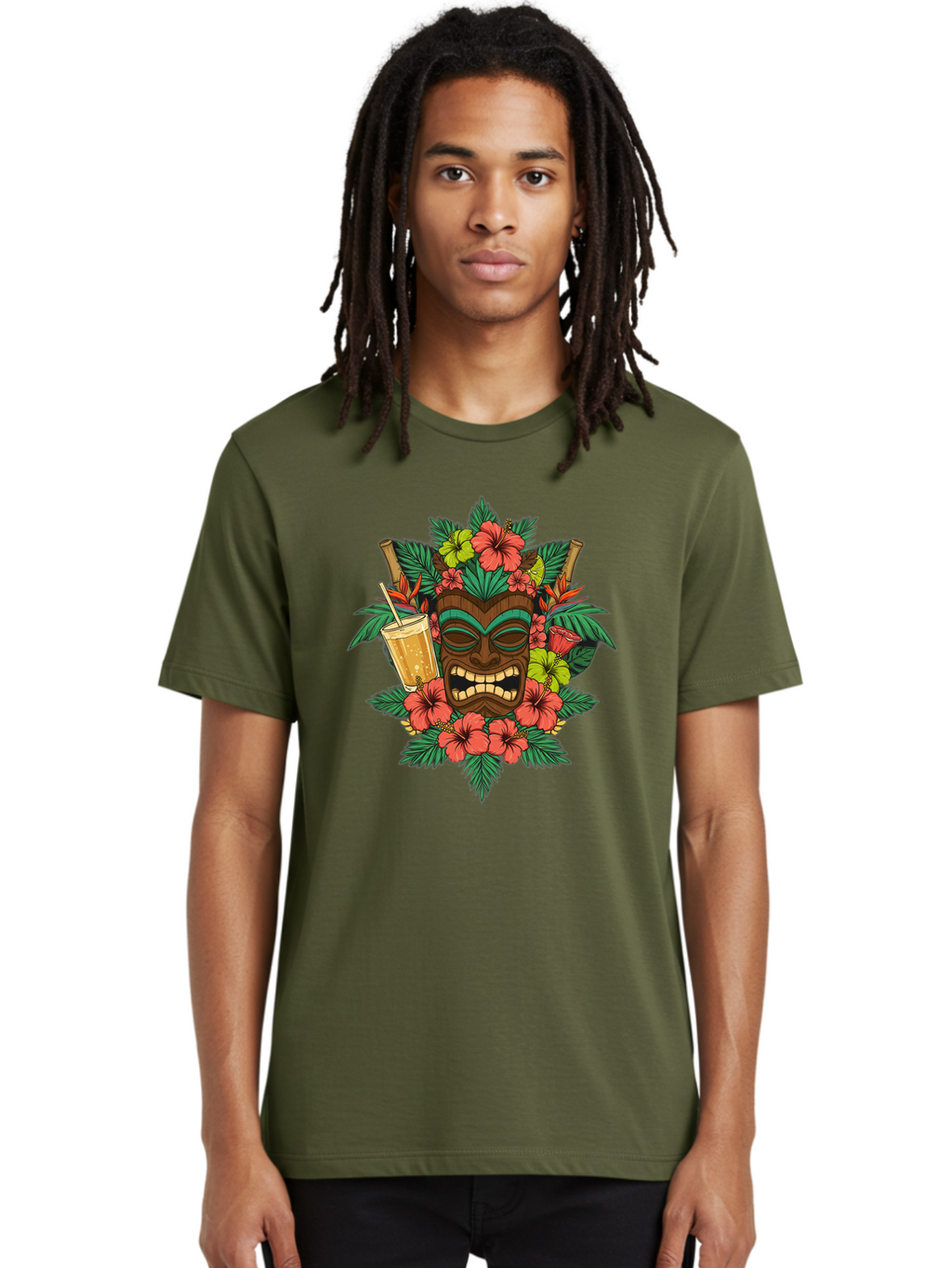 Tiki-Mask Men'S Graphic Tee, 100% Cotton, Comfortable Casual Summer Wear, Machine Washable, Tiki Mask Design, Tropical Flowers, Hibiscus, Cocktail, Straw, Bamboo, Vibrant Colors, Summer Vibes, Hawaiian Style, Tropical Getaway, Island Life, Bac521