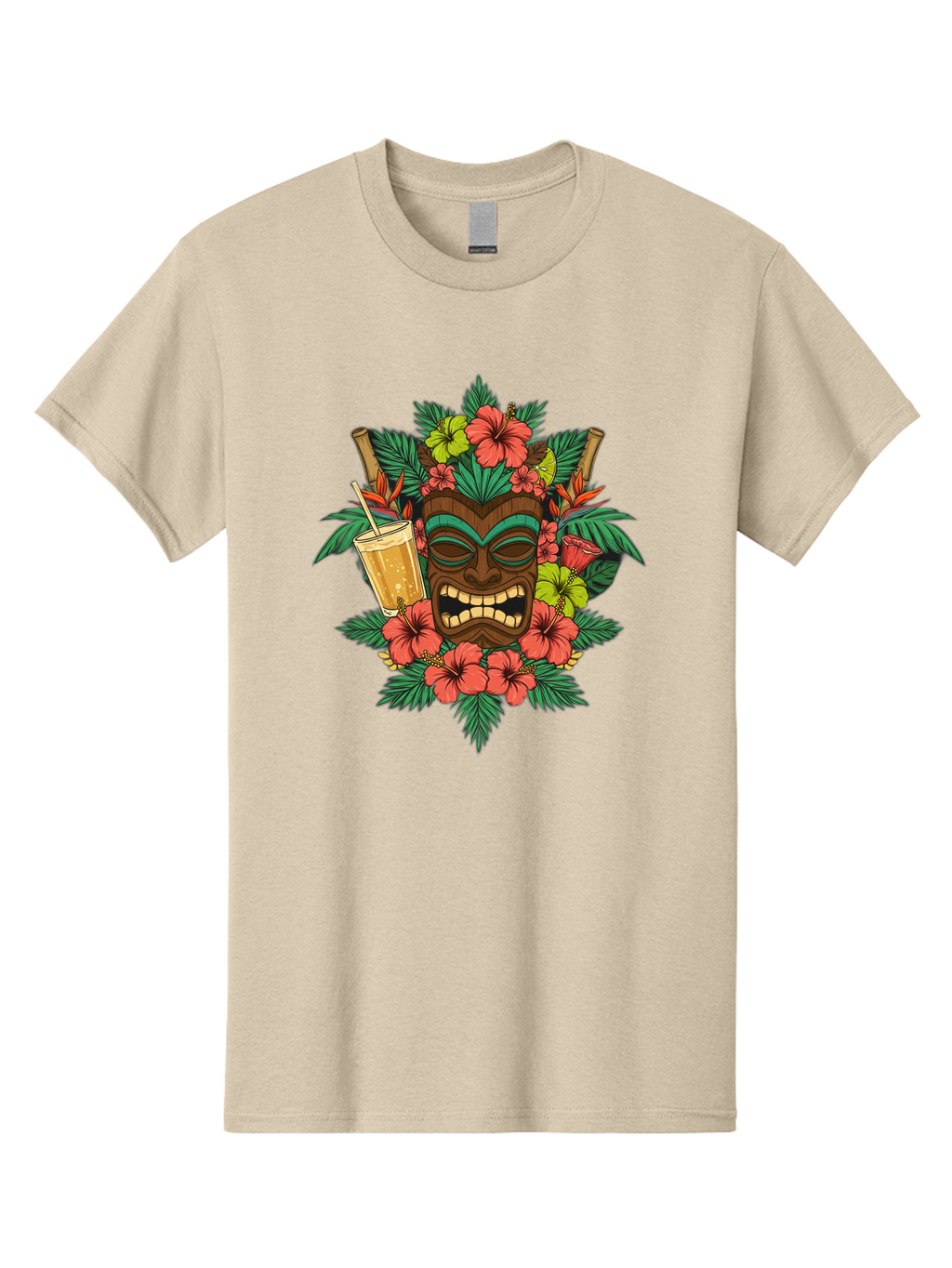 Tiki-Mask Men'S Graphic Tee, 100% Cotton, Comfortable Casual Summer Wear, Machine Washable, Tiki Mask Design, Tropical Flowers, Hibiscus, Cocktail, Straw, Bamboo, Vibrant Colors, Summer Vibes, Hawaiian Style, Tropical Getaway, Island Life, Bac521