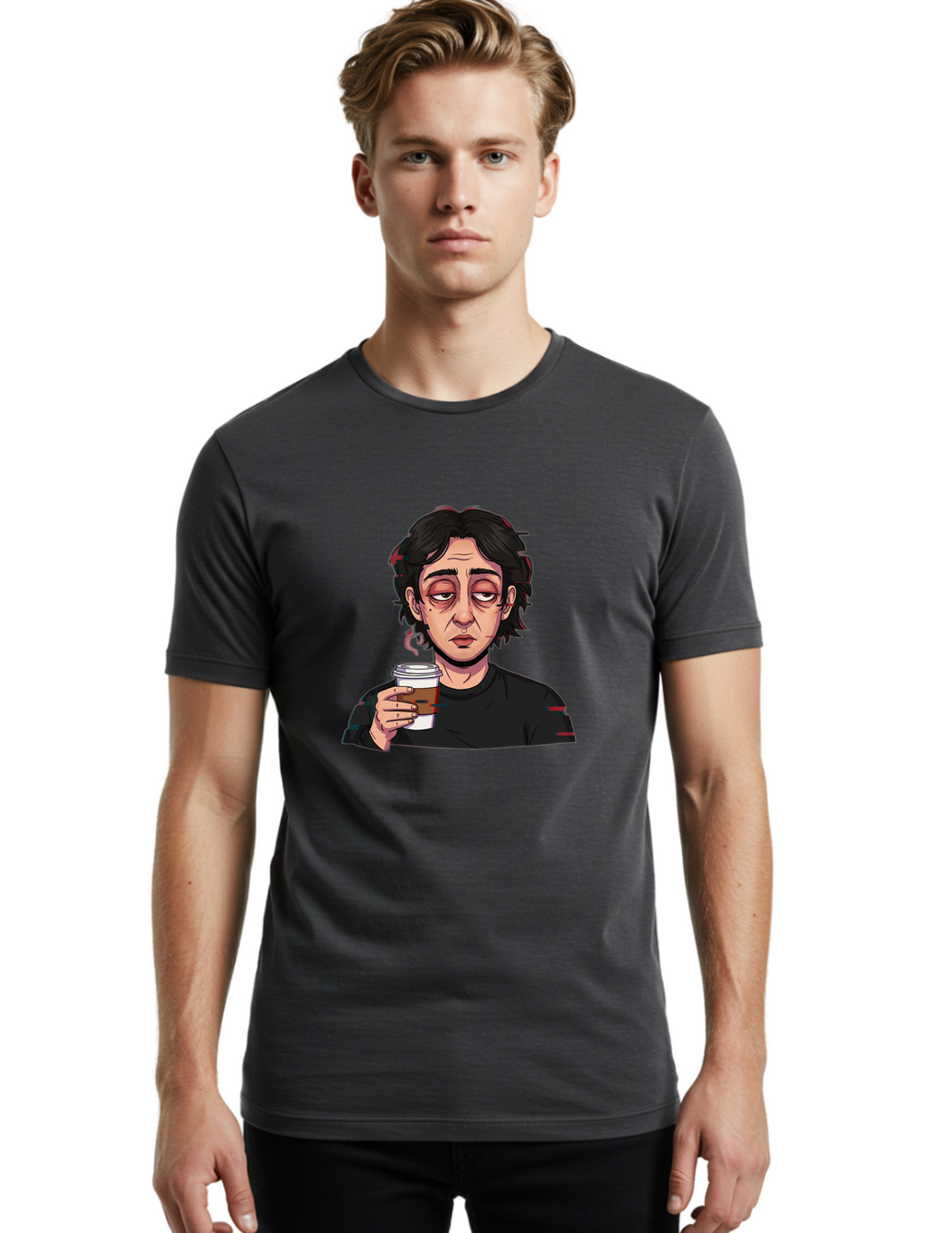 Tired-Woman-With-Coffee Men'S Graphic Tee, 100% Cotton, Comfortable Casual Summer Wear, Machine Washable, Tired Person, Coffee Cup, Morning Routine, Coffee Break, Relaxed Atmosphere, Casual Wear, Sleepy Expression, Coffee Lover Bac522