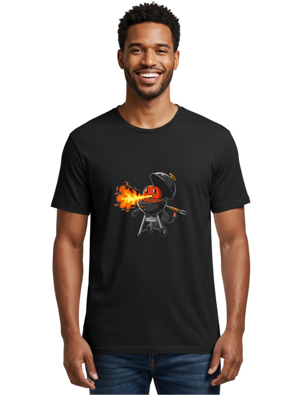 Tomato-In-Grill Men'S Graphic Tee, 100% Cotton, Comfortable Casual Summer Wear, Machine Washable, Tomato Grilling On Barbecue, Cartoon Character, Chef Illustration, Kitchen Humor, Funny Food, Barbecue Cooking, Comical Vegetable, Sizzling Hot Bac523