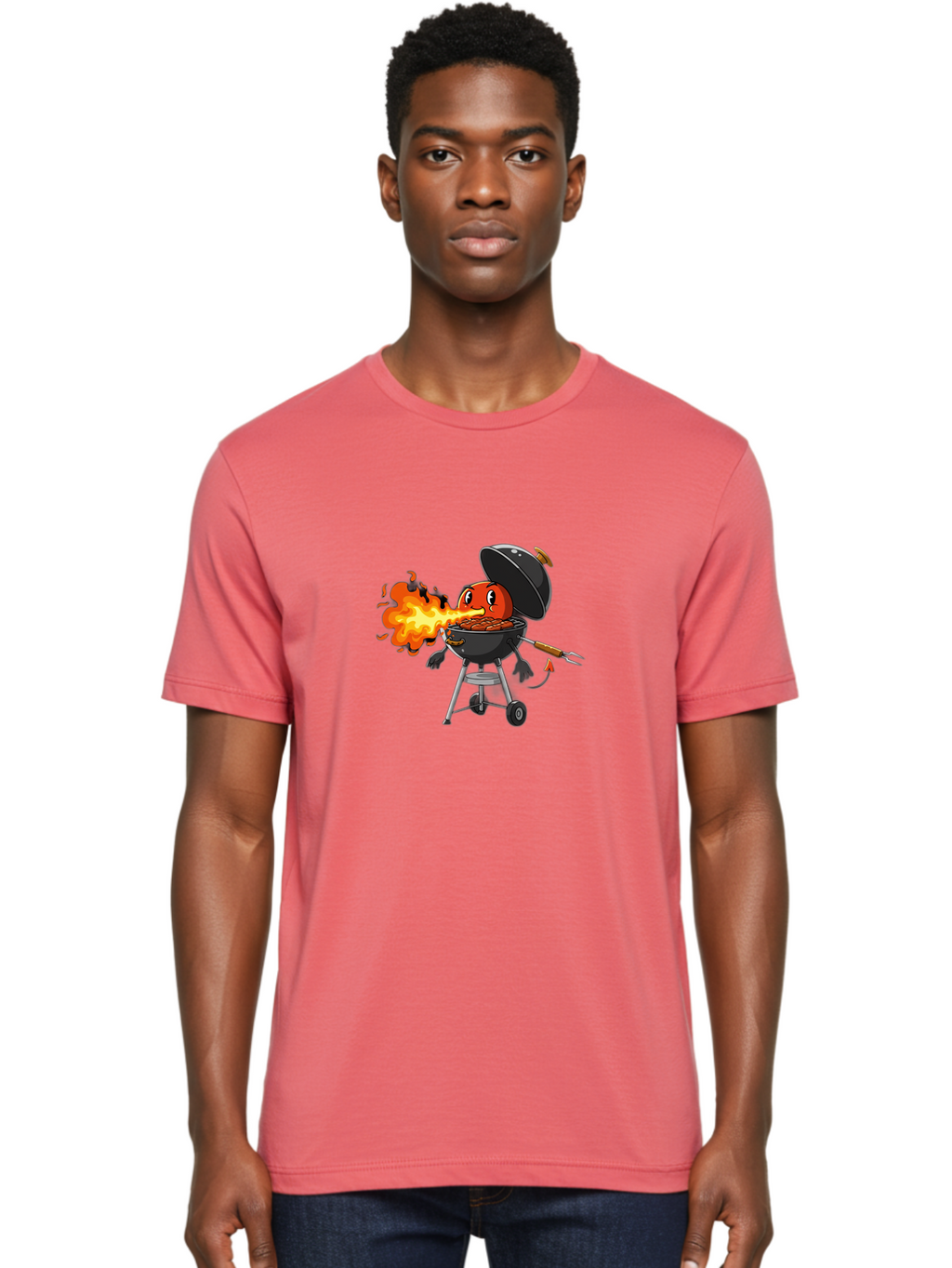 Tomato-In-Grill Men'S Graphic Tee, 100% Cotton, Comfortable Casual Summer Wear, Machine Washable, Tomato Grilling On Barbecue, Cartoon Character, Chef Illustration, Kitchen Humor, Funny Food, Barbecue Cooking, Comical Vegetable, Sizzling Hot Bac523