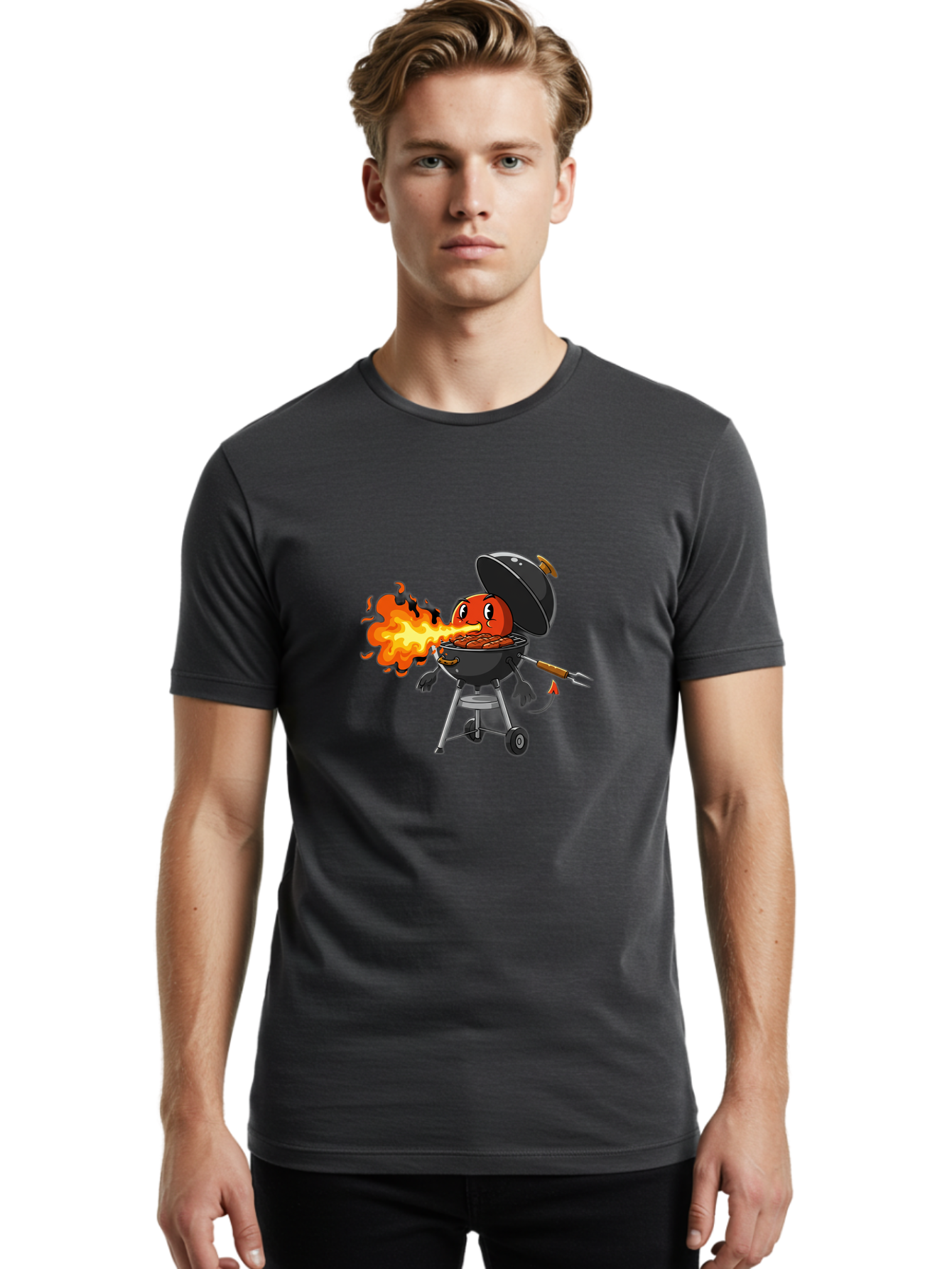 Tomato-In-Grill Men'S Graphic Tee, 100% Cotton, Comfortable Casual Summer Wear, Machine Washable, Tomato Grilling On Barbecue, Cartoon Character, Chef Illustration, Kitchen Humor, Funny Food, Barbecue Cooking, Comical Vegetable, Sizzling Hot Bac523