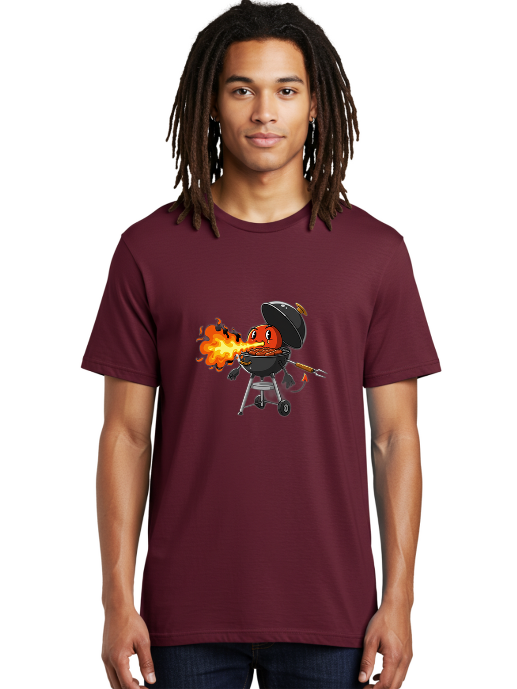 Tomato-In-Grill Men'S Graphic Tee, 100% Cotton, Comfortable Casual Summer Wear, Machine Washable, Tomato Grilling On Barbecue, Cartoon Character, Chef Illustration, Kitchen Humor, Funny Food, Barbecue Cooking, Comical Vegetable, Sizzling Hot Bac523