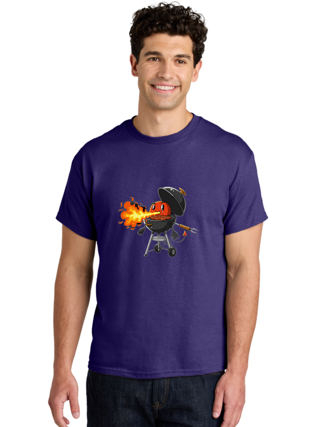 Tomato-In-Grill Men'S Graphic Tee, 100% Cotton, Comfortable Casual Summer Wear, Machine Washable, Tomato Grilling On Barbecue, Cartoon Character, Chef Illustration, Kitchen Humor, Funny Food, Barbecue Cooking, Comical Vegetable, Sizzling Hot Bac523