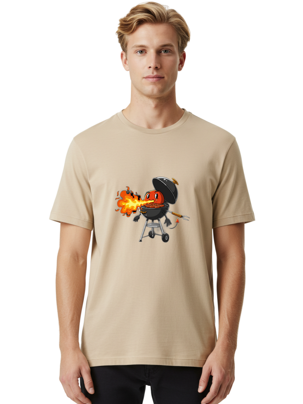 Tomato-In-Grill Men'S Graphic Tee, 100% Cotton, Comfortable Casual Summer Wear, Machine Washable, Tomato Grilling On Barbecue, Cartoon Character, Chef Illustration, Kitchen Humor, Funny Food, Barbecue Cooking, Comical Vegetable, Sizzling Hot Bac523