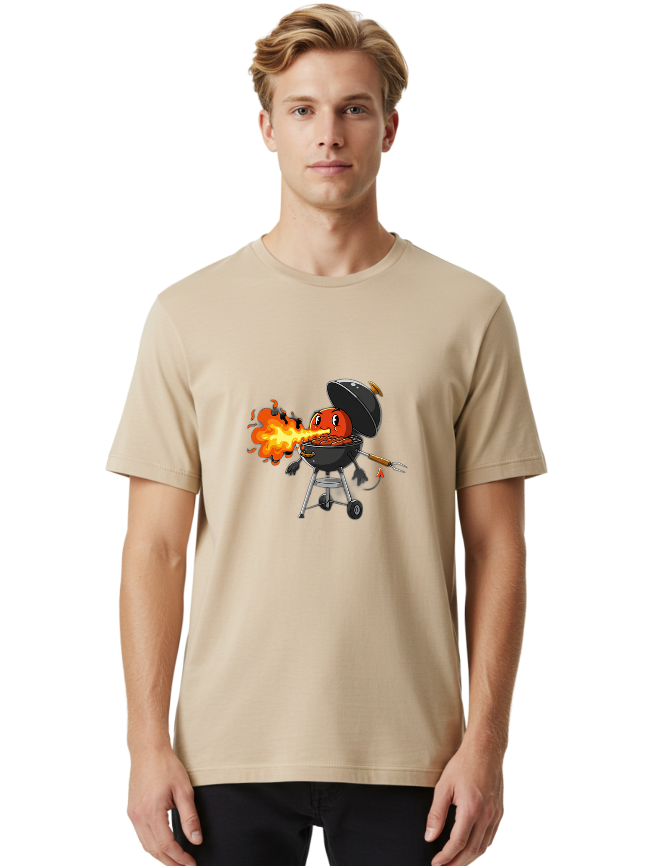 Tomato-In-Grill Men'S Graphic Tee, 100% Cotton, Comfortable Casual Summer Wear, Machine Washable, Tomato Grilling On Barbecue, Cartoon Character, Chef Illustration, Kitchen Humor, Funny Food, Barbecue Cooking, Comical Vegetable, Sizzling Hot Bac523