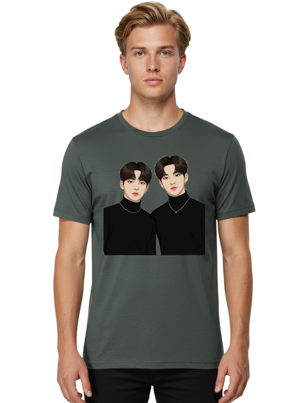 Twin-Guys Men'S Graphic Tee, 100% Cotton, Comfortable Casual Summer Wear, Machine Washable, K-Pop Idols, Male Duo, Black Turtlenecks, Silver Necklaces, Dark Hair, Digital Illustration, Pop Culture Icons, Modern Fashion, Stylish Accessories, Bac525