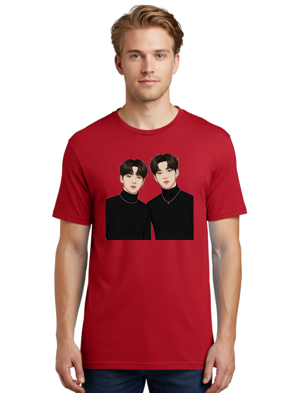 Twin-Guys Men'S Graphic Tee, 100% Cotton, Comfortable Casual Summer Wear, Machine Washable, K-Pop Idols, Male Duo, Black Turtlenecks, Silver Necklaces, Dark Hair, Digital Illustration, Pop Culture Icons, Modern Fashion, Stylish Accessories, Bac525