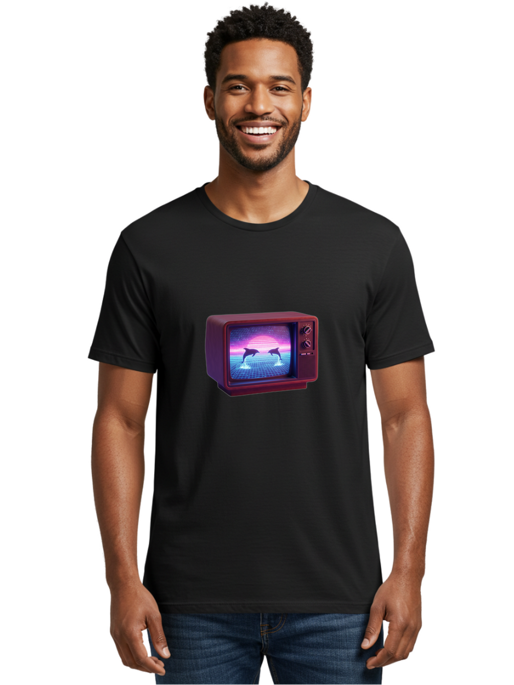 Two-Dolphins Men'S Graphic Tee, 100% Cotton, Comfortable Casual Summer Wear, Machine Washable, Retro Television, Vaporwave Aesthetic, Pixel Art, Dolphins, Sunset, 80S Nostalgia, Pixelated Graphics, Synthwave, Retrofuturism, Old School Tv Bac526
