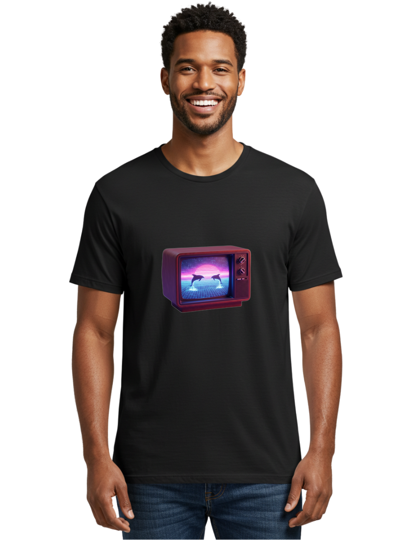 Two-Dolphins Men'S Graphic Tee, 100% Cotton, Comfortable Casual Summer Wear, Machine Washable, Retro Television, Vaporwave Aesthetic, Pixel Art, Dolphins, Sunset, 80S Nostalgia, Pixelated Graphics, Synthwave, Retrofuturism, Old School Tv Bac526