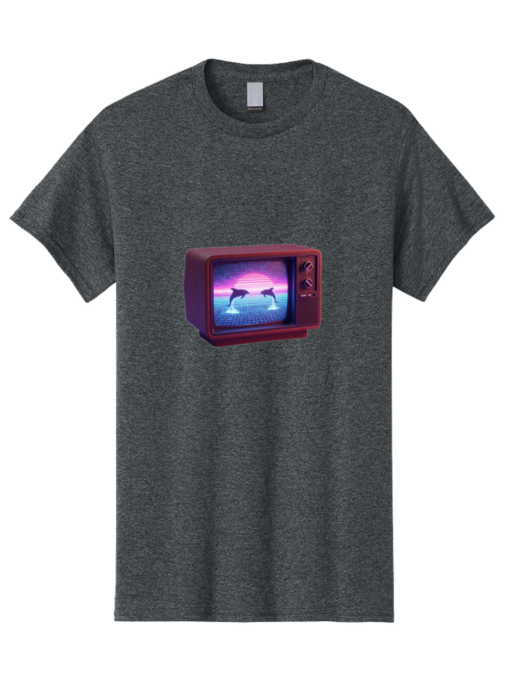 Two-Dolphins Men'S Graphic Tee, 100% Cotton, Comfortable Casual Summer Wear, Machine Washable, Retro Television, Vaporwave Aesthetic, Pixel Art, Dolphins, Sunset, 80S Nostalgia, Pixelated Graphics, Synthwave, Retrofuturism, Old School Tv Bac526