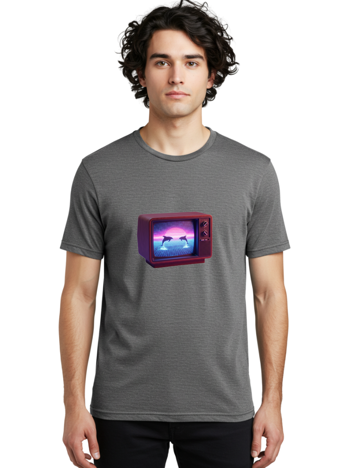 Two-Dolphins Men'S Graphic Tee, 100% Cotton, Comfortable Casual Summer Wear, Machine Washable, Retro Television, Vaporwave Aesthetic, Pixel Art, Dolphins, Sunset, 80S Nostalgia, Pixelated Graphics, Synthwave, Retrofuturism, Old School Tv Bac526