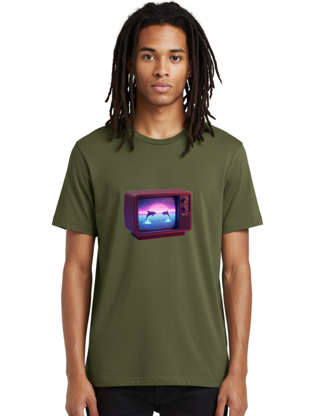 Two-Dolphins Men'S Graphic Tee, 100% Cotton, Comfortable Casual Summer Wear, Machine Washable, Retro Television, Vaporwave Aesthetic, Pixel Art, Dolphins, Sunset, 80S Nostalgia, Pixelated Graphics, Synthwave, Retrofuturism, Old School Tv Bac526