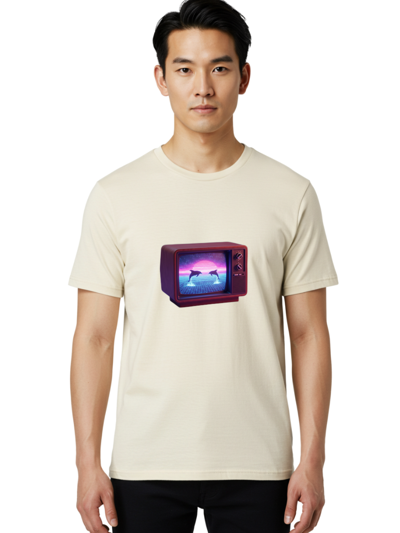 Two-Dolphins Men'S Graphic Tee, 100% Cotton, Comfortable Casual Summer Wear, Machine Washable, Retro Television, Vaporwave Aesthetic, Pixel Art, Dolphins, Sunset, 80S Nostalgia, Pixelated Graphics, Synthwave, Retrofuturism, Old School Tv Bac526