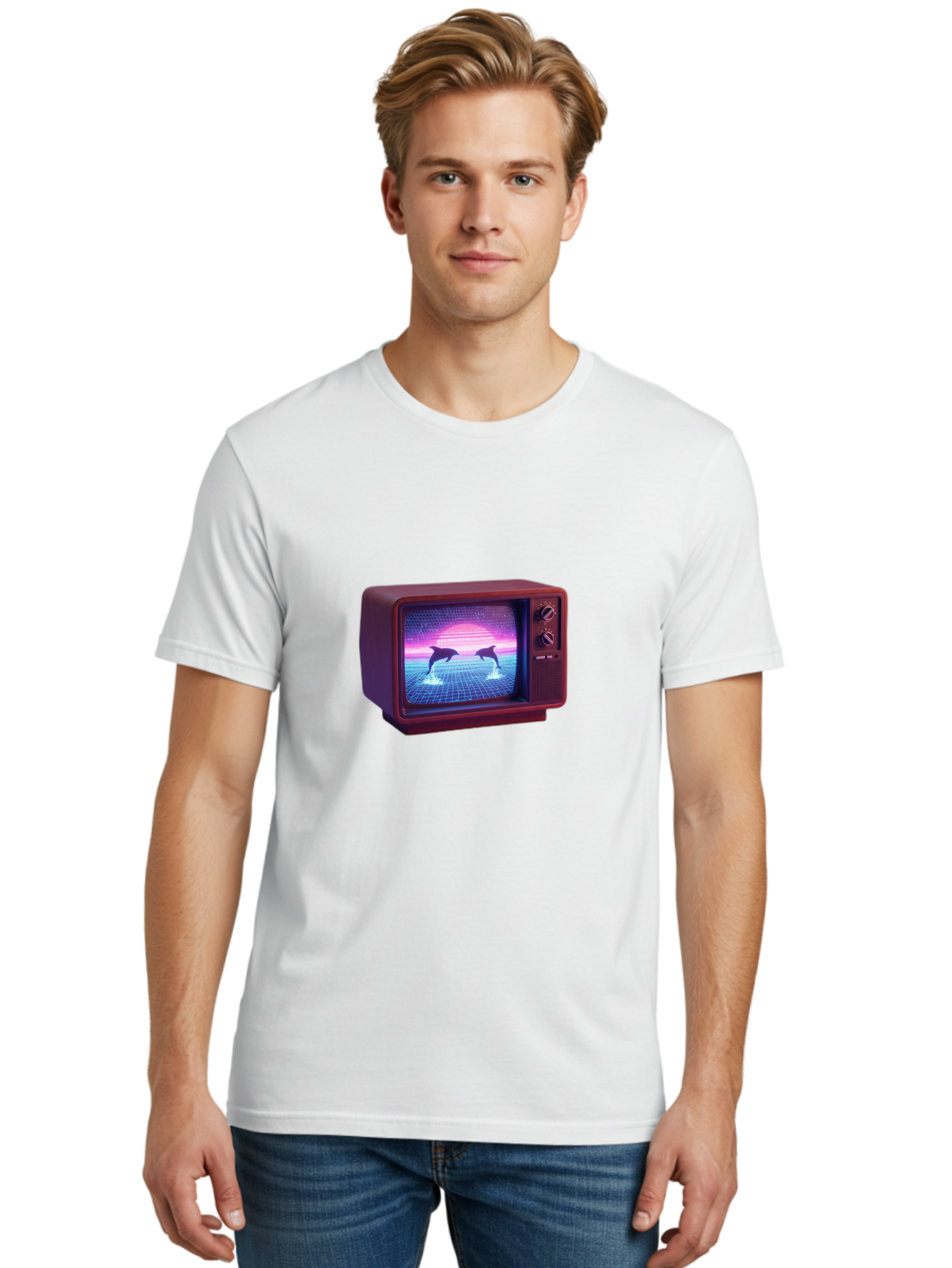 Two-Dolphins Men'S Graphic Tee, 100% Cotton, Comfortable Casual Summer Wear, Machine Washable, Retro Television, Vaporwave Aesthetic, Pixel Art, Dolphins, Sunset, 80S Nostalgia, Pixelated Graphics, Synthwave, Retrofuturism, Old School Tv Bac526