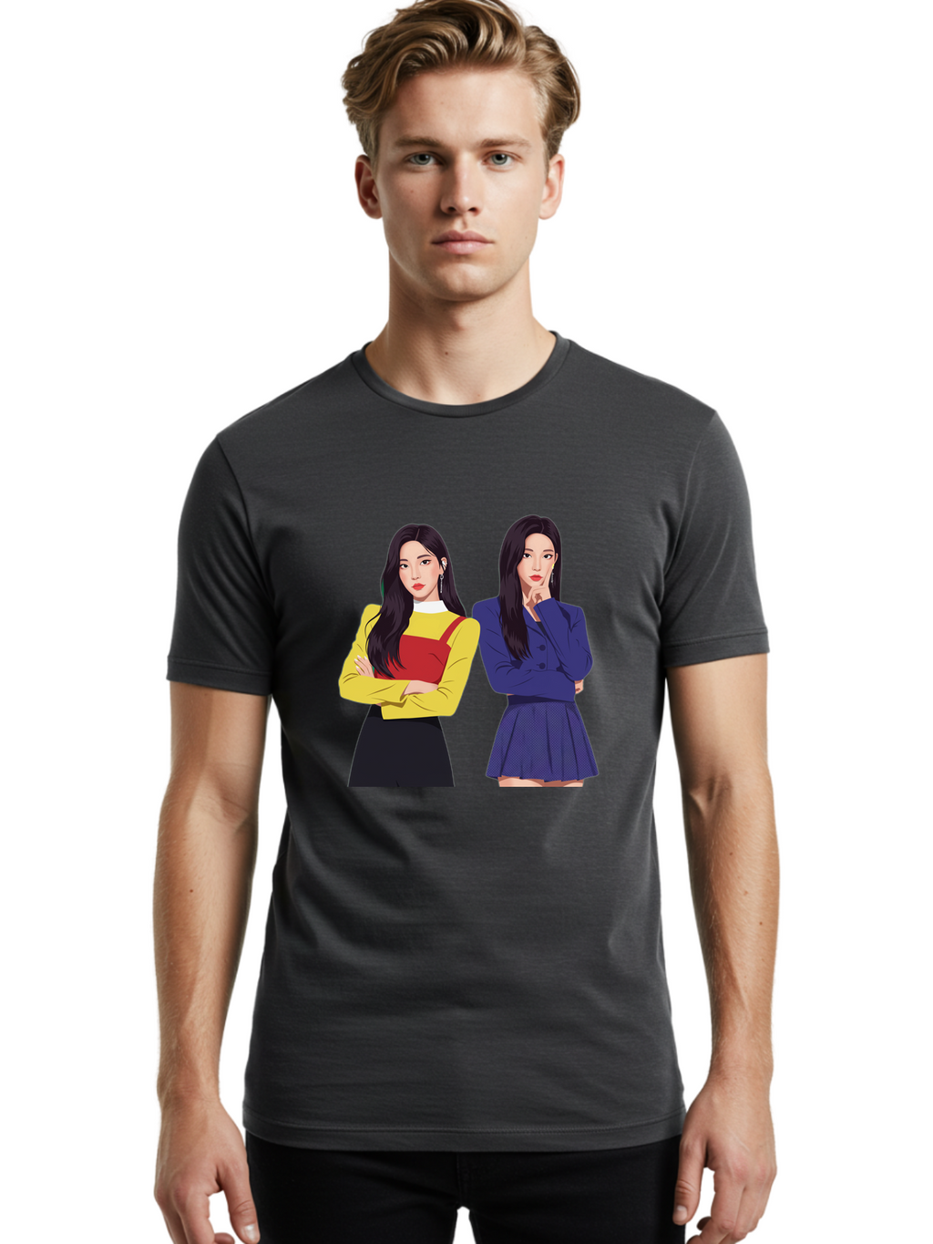 Two-Women Men'S Graphic Tee, 100% Cotton, Comfortable Casual Summer Wear, Machine Washable, Two Women Standing, Long Black Hair, Fashionable Clothing, Confident Poses, Contrasting Outfits, Yellow And Red, Blue Jacket, Pleated Skirt, Bac527