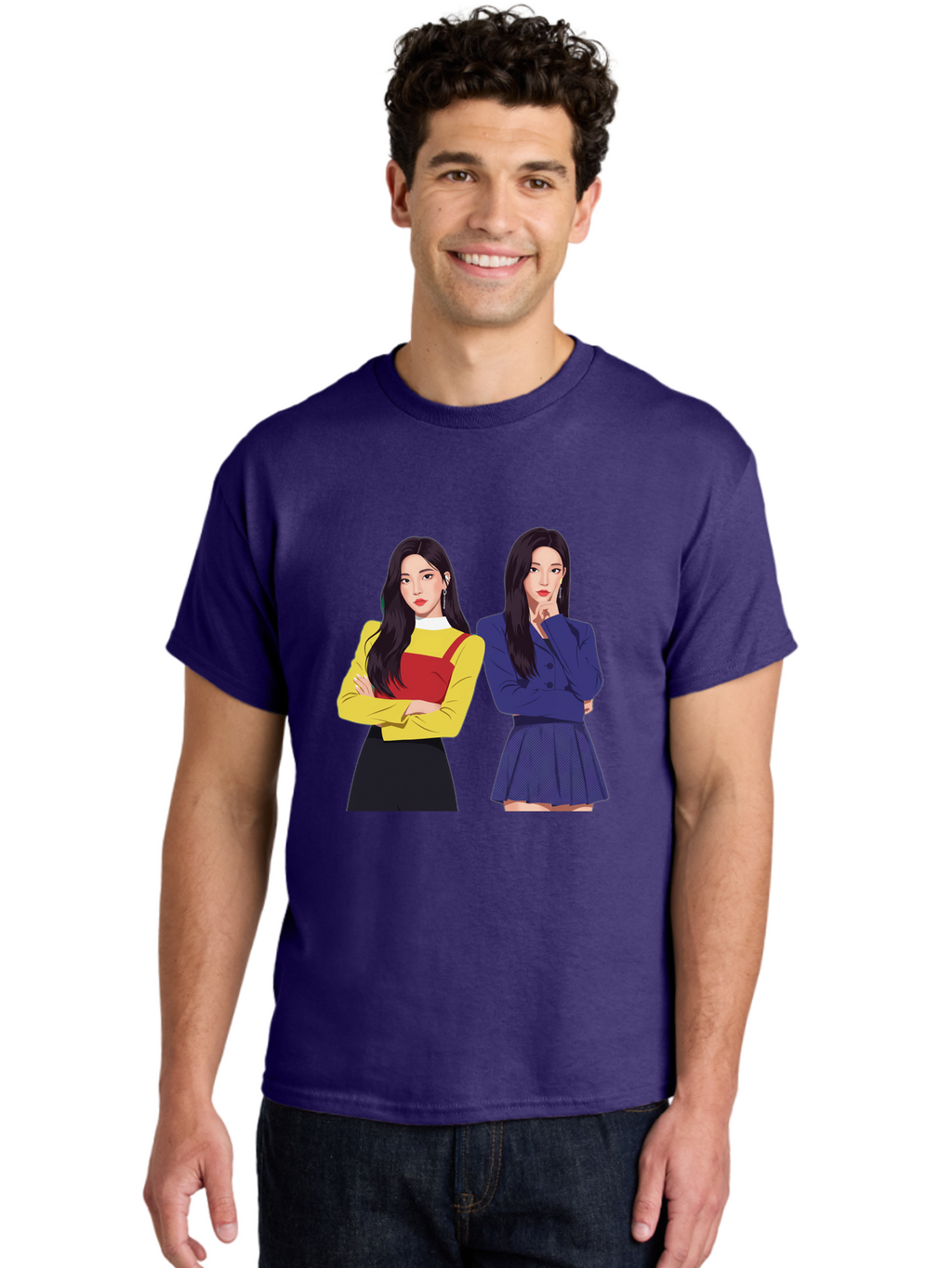 Two-Women Men'S Graphic Tee, 100% Cotton, Comfortable Casual Summer Wear, Machine Washable, Two Women Standing, Long Black Hair, Fashionable Clothing, Confident Poses, Contrasting Outfits, Yellow And Red, Blue Jacket, Pleated Skirt, Bac527