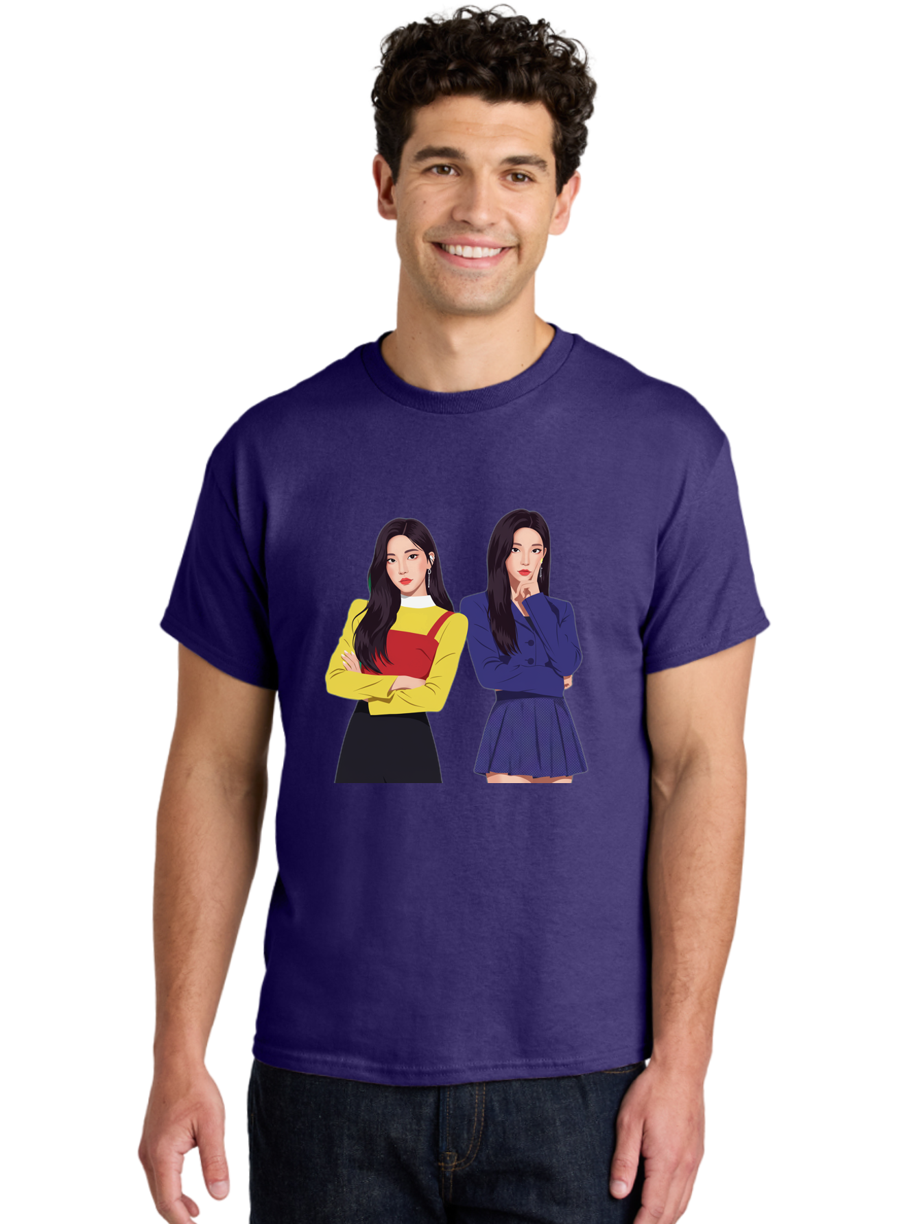 Two-Women Men'S Graphic Tee, 100% Cotton, Comfortable Casual Summer Wear, Machine Washable, Two Women Standing, Long Black Hair, Fashionable Clothing, Confident Poses, Contrasting Outfits, Yellow And Red, Blue Jacket, Pleated Skirt, Bac527