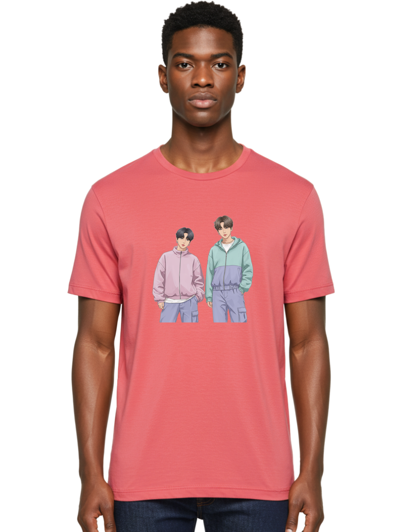 Two-Young-Men Men'S Graphic Tee, 100% Cotton, Comfortable Casual Summer Wear, Machine Washable, K-Pop Idols, Anime Style, Pastel Colors, Casual Wear, Streetwear Fashion, Purple Pants, Zip-Up Jackets, Modern Youth Culture Bac528