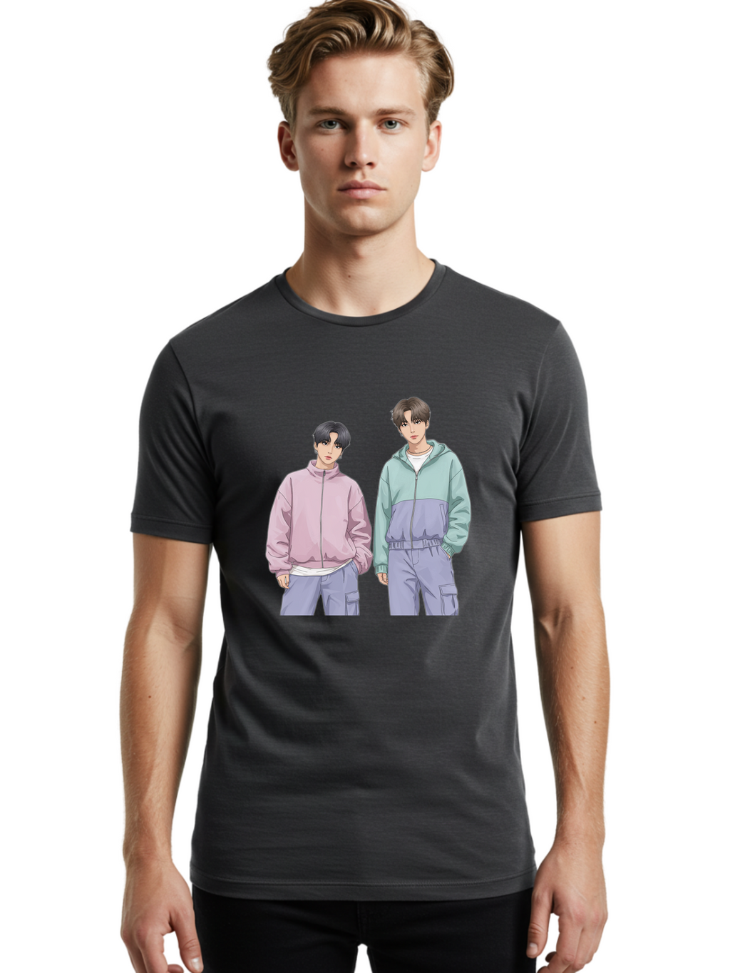 Two-Young-Men Men'S Graphic Tee, 100% Cotton, Comfortable Casual Summer Wear, Machine Washable, K-Pop Idols, Anime Style, Pastel Colors, Casual Wear, Streetwear Fashion, Purple Pants, Zip-Up Jackets, Modern Youth Culture Bac528