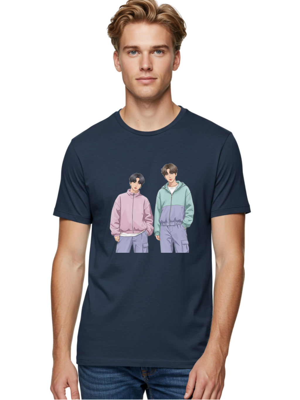 Two-Young-Men Men'S Graphic Tee, 100% Cotton, Comfortable Casual Summer Wear, Machine Washable, K-Pop Idols, Anime Style, Pastel Colors, Casual Wear, Streetwear Fashion, Purple Pants, Zip-Up Jackets, Modern Youth Culture Bac528