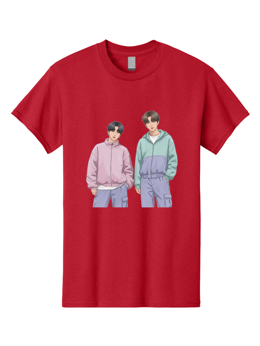 Two-Young-Men Men'S Graphic Tee, 100% Cotton, Comfortable Casual Summer Wear, Machine Washable, K-Pop Idols, Anime Style, Pastel Colors, Casual Wear, Streetwear Fashion, Purple Pants, Zip-Up Jackets, Modern Youth Culture Bac528