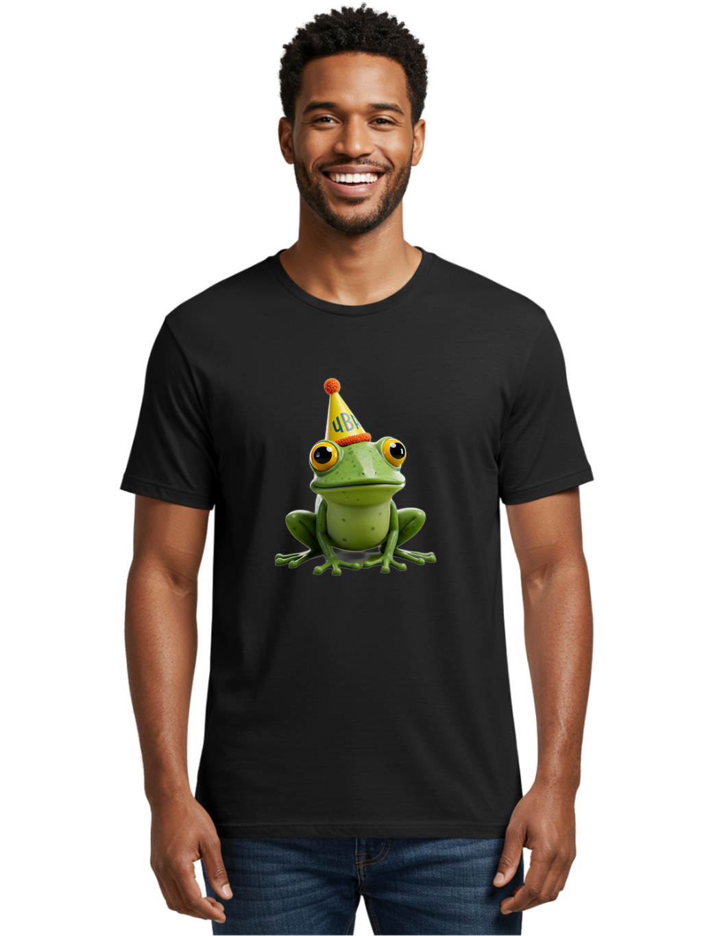 Ube-Frog Men'S Graphic Tee, 100% Cotton, Comfortable Casual Summer Wear, Machine Washable, Cartoon Frog, Party Hat, Funny Animal, Quirky Character, Amusement, Comical Illustration, Festive Vibe, Humor, Meme Inspiration, Entertaining Graphic Bac530