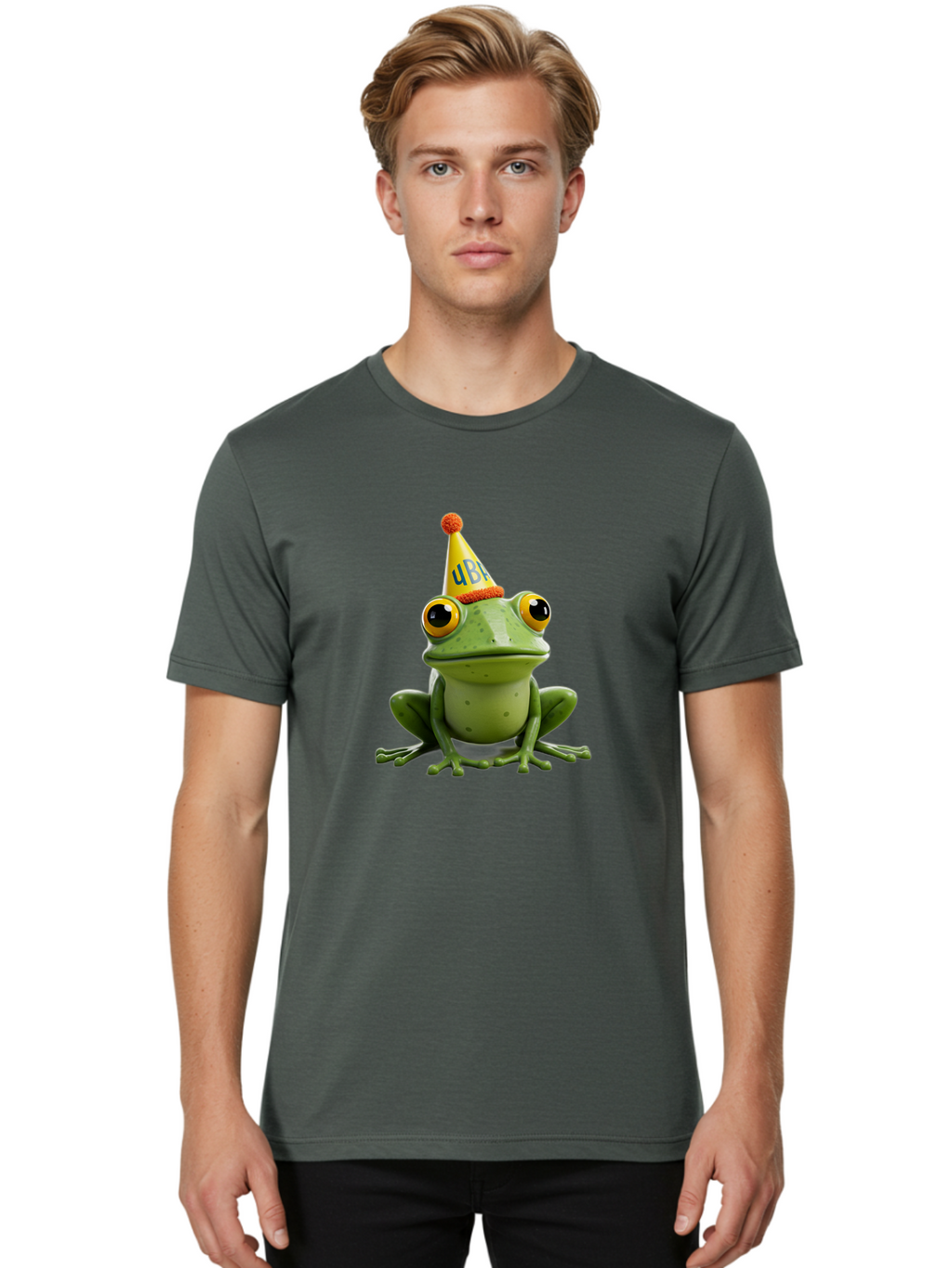 Ube-Frog Men'S Graphic Tee, 100% Cotton, Comfortable Casual Summer Wear, Machine Washable, Cartoon Frog, Party Hat, Funny Animal, Quirky Character, Amusement, Comical Illustration, Festive Vibe, Humor, Meme Inspiration, Entertaining Graphic Bac530